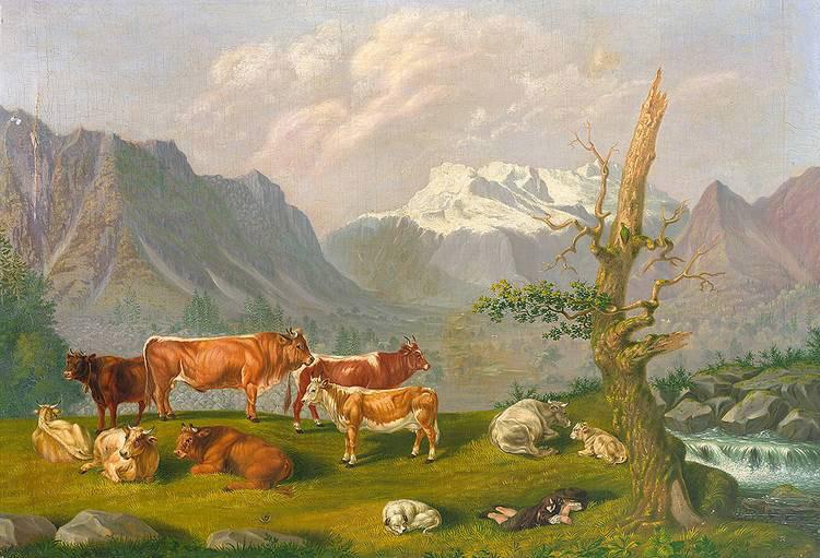 Johann Kaspar Scherrer Weidelandschaft in den Schweizer Bergen mit Katarakt und Gebirgshorizont